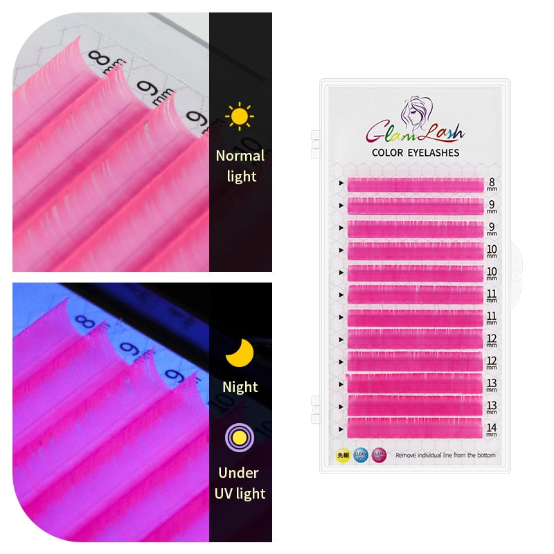 GLAMLASH Neon Lash UV Eyelash Extension Fluorescent Pink Yellow Orange Colored Lashes Glow in the Dark Individual False Lashes