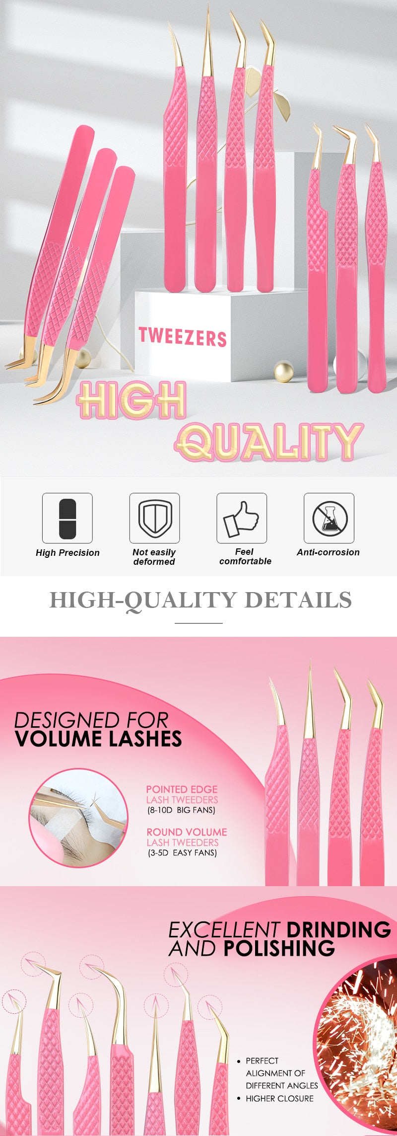 New 1Pc Eyelash Tweezers Anti-static Non-magnetic Professional Pincet 3D Eyelash Extension Tweezer 100% Closure eyeLash Tool